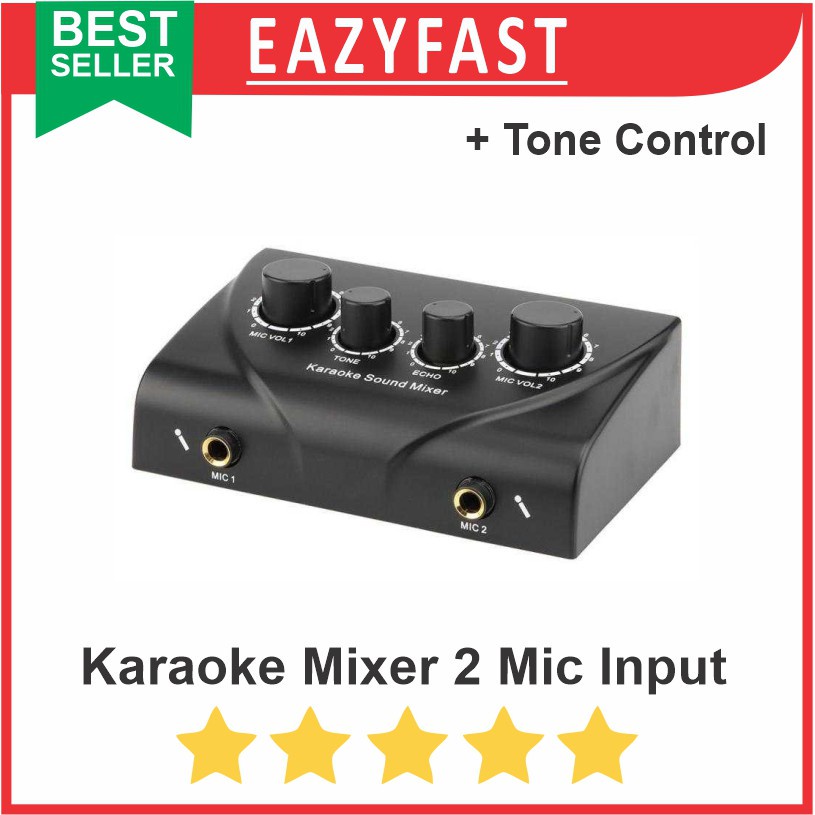 Karaoke Sound Mixer 2 Channel Mic Input + Tone Control Echo Audio