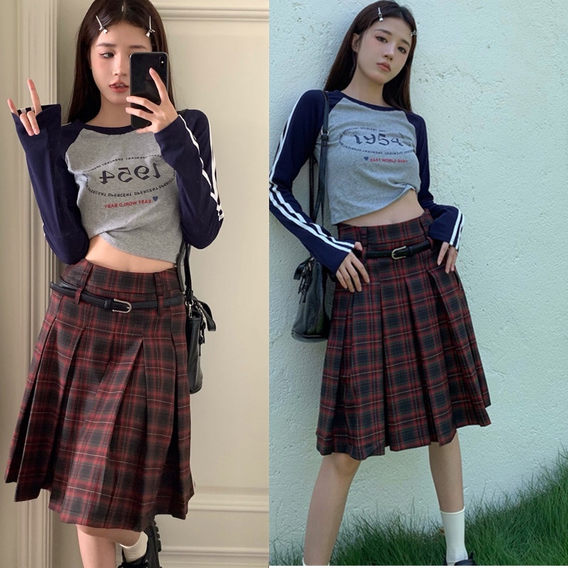 American retro college style patterned jk pleated skirt for women in large spring/summer red plaid s