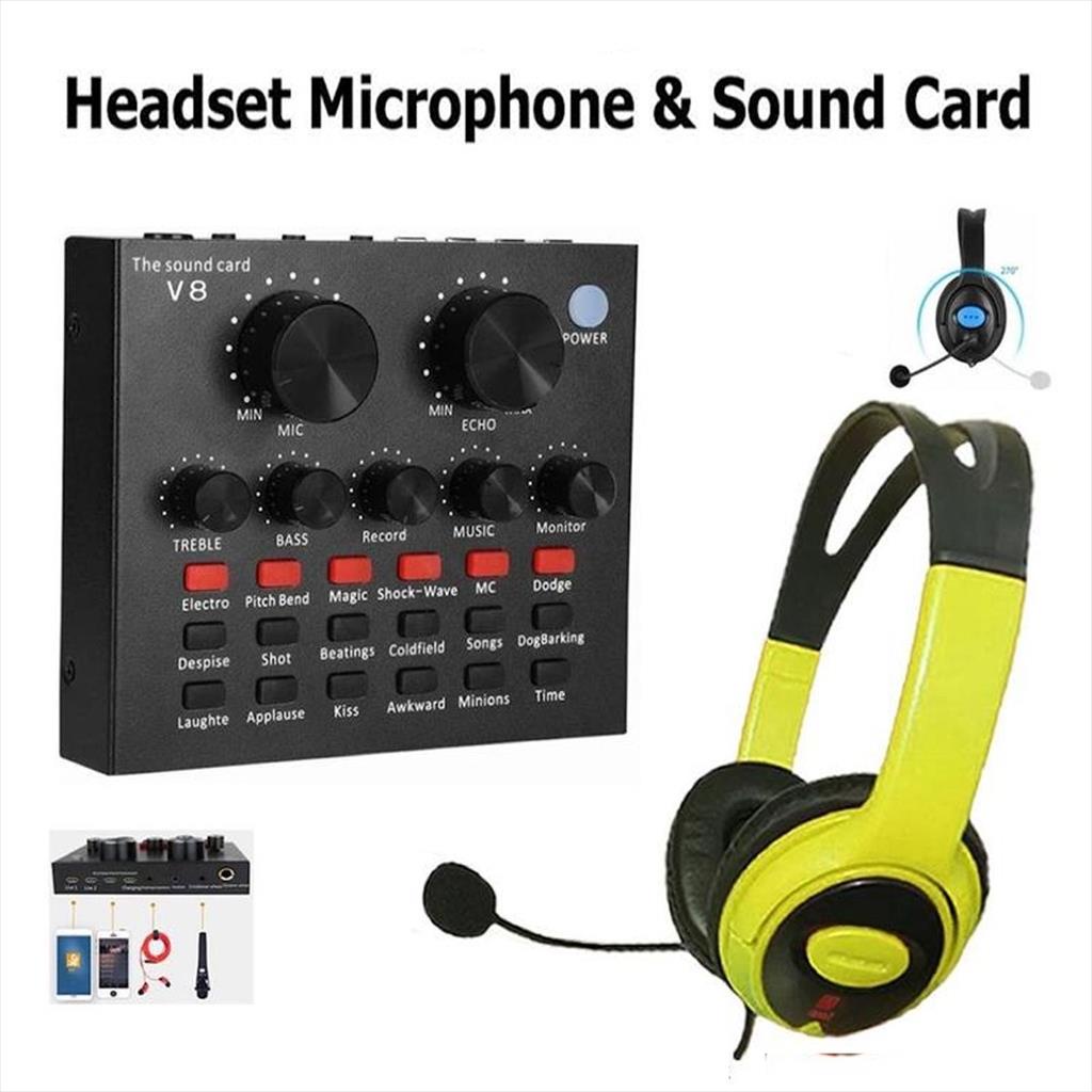 Liger Set Headset Microphone X10 Plus Sound Card V8