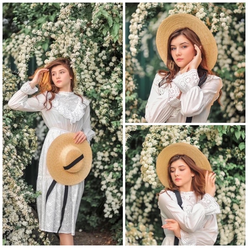 Mallorca Straw Hat Topi pantai bulat lebar import premium Topi Pantai dengan Tali pita Topi jerami l