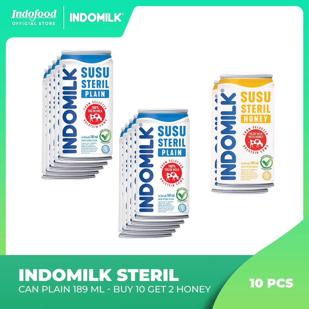 

Buy 10 pcs Indomilk Steril Can Plain 189 ml Get 2 pcs Indomilk Steril Can Honey 189 ml