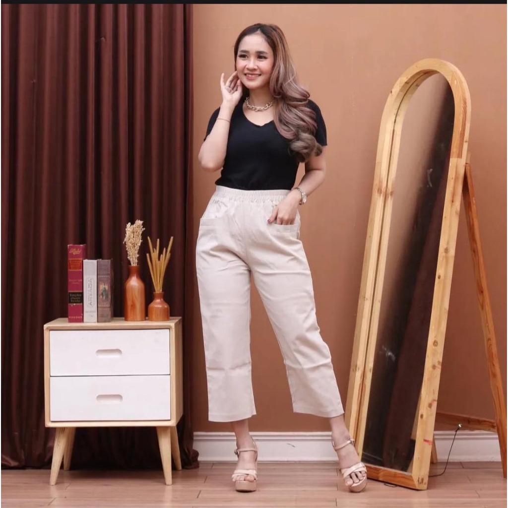 Wilona Sasha Pants Celana Wanita Korean Style Jumbo 7/9 Bahan katun Twill stretch pinggang karet