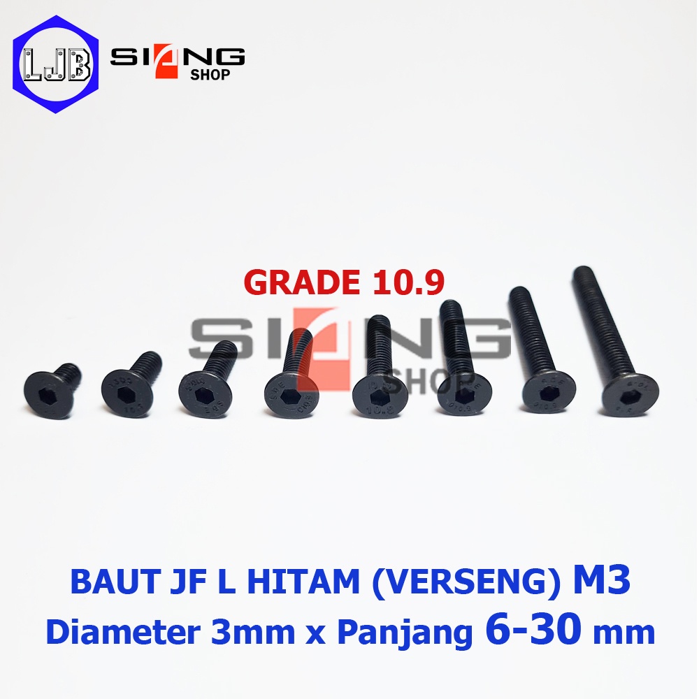 Baut JF L Baja Hitam M3 panjang 6 sd 30mm / Baut Verseng Baja Grade 10.9