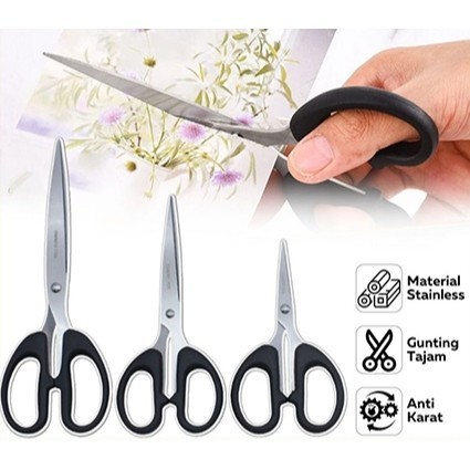 

Gunting Stainless Serbaguna Alat Pemotong Kertas Selotip Benang / Paper Scissors Gagang Hitam Super Tajam Anti Karat / Perlengkapan ToDaRu