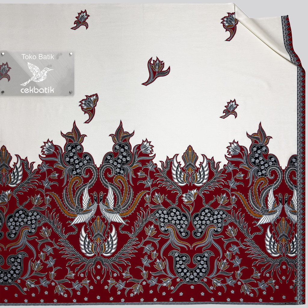 Kain Batik Katun Motif Bunga dan Burung Merak Modern Ukuran Lebih Panjang Putih Merah
