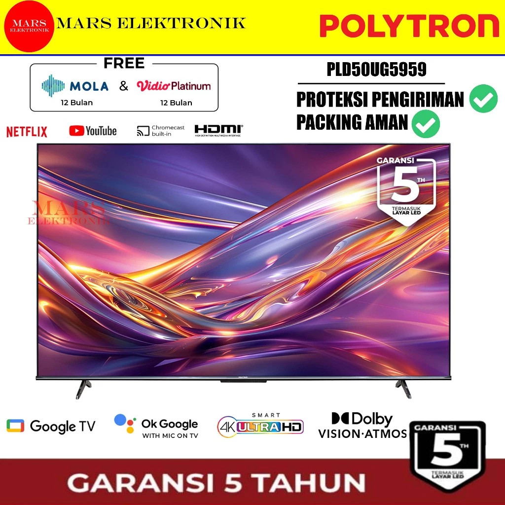 TV LED POLYTRON PLD55UG5959 - 55 INCHI - 4K ULTRA HD SMART ANDROID GOOGLE TV - GARANSI RESMI - READY
