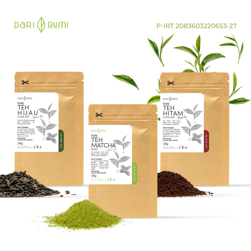 

Teh Murni 25gr Dari Bumi Varian Teh Hijau Teh Hitam dan Matcha Premium Teh