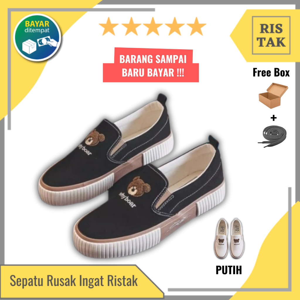 Sepatu Tanpa Tali Sepatu Wanita Slop Slip On Slide Keren praktis Simple Bear Beruang Keren Korea Sty