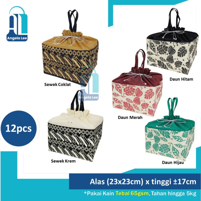 

12pcs Tas Kain Serut Motif Batik untuk 2box Nasi Kotak 22x22 Syukuran - LVi Krem