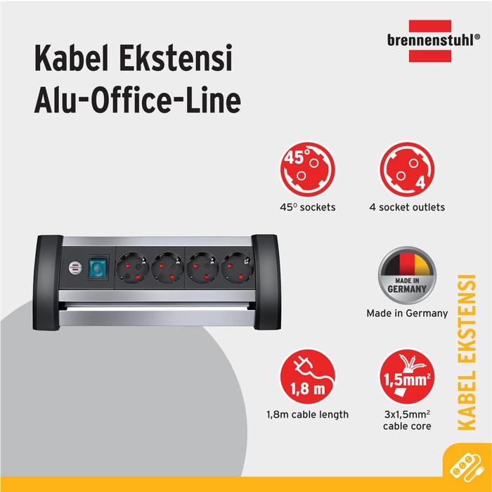 Brennenstuhl Alu-Office-Line 4-Soket Stop Kontak - Silver, Hitam - 1391040400