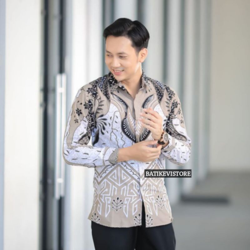 BAJU BATIK PRIA KEREN MODEL BARU /BATIK EVI - Batik Gentala | Corak Cream Putih | Kemeja Lengan Panj