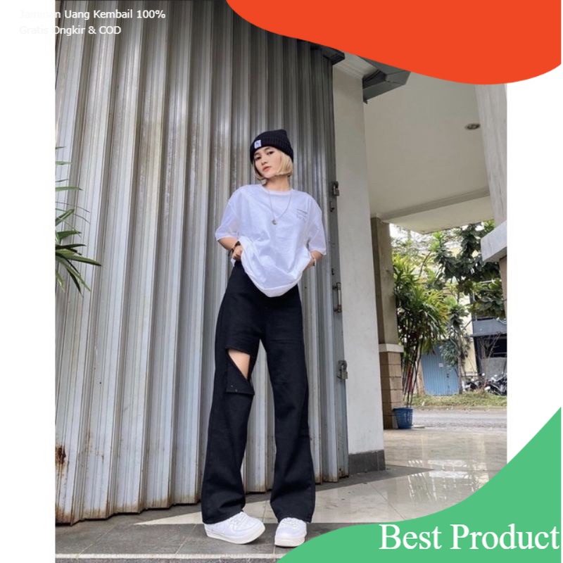 KOREAN HIGH WAIST KOLOT JEANS SOBEK /KULOT RIPPED/ Silver