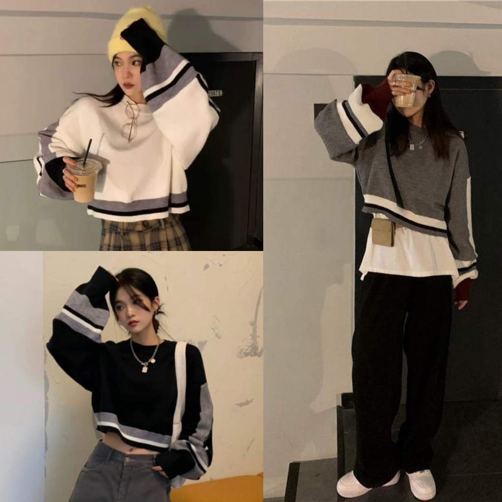 Blouse Wanita Kekinian Lengan Balon Outfit Cewek Fashion OOTD RINDU STRIPPY KNIT    MOODY Kece Murah