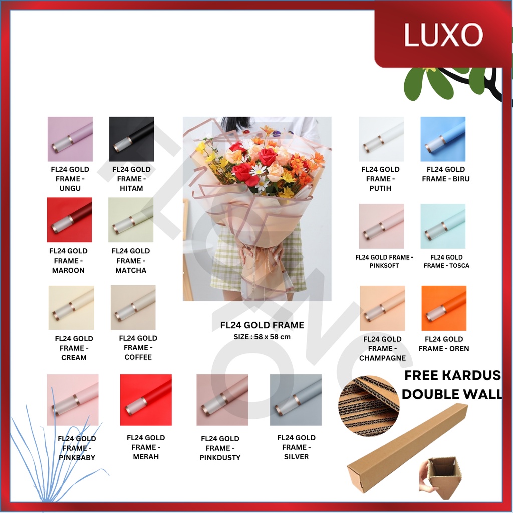 

LUXO - (5 LEMBAR) - FL24 GOLD FRAME Kertas Bunga Paper Buket Motif Gold Frame Tebal Transparan Florist Cellophane