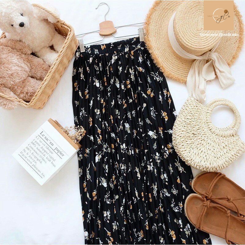 ROK DINAR KEKINIAN ROK MOTIF BUNGA FLORAL ROK DAILY KOREAN STYLE LILY FLOWER DAISY VINTAGE BASIC SKI