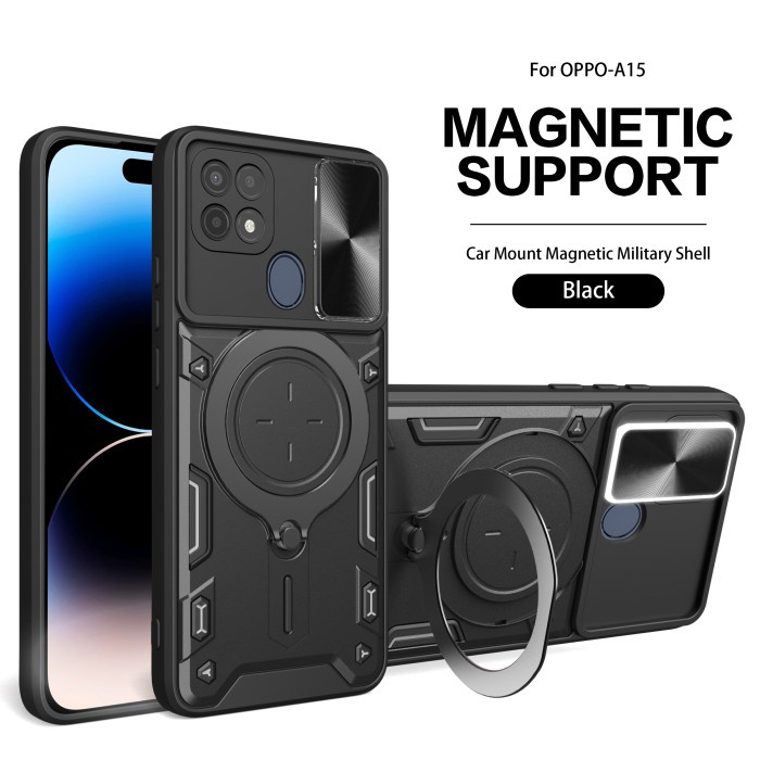 Oppo A15  A15s    Black Case Armor Cover Army Hard Soft Phone Holder Casing Terbaru Cowok dan cewek keren Magnetic