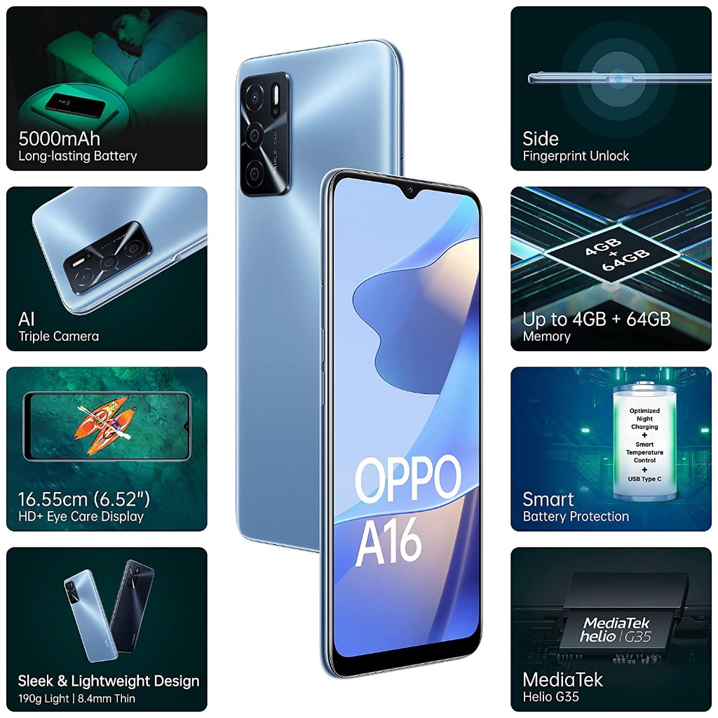 OPPO A16 RAM 6/128G ARANSI TOKO 2 TAHUN [5000mAh,13MP Triple Camera, HD+ Eye-care Display]