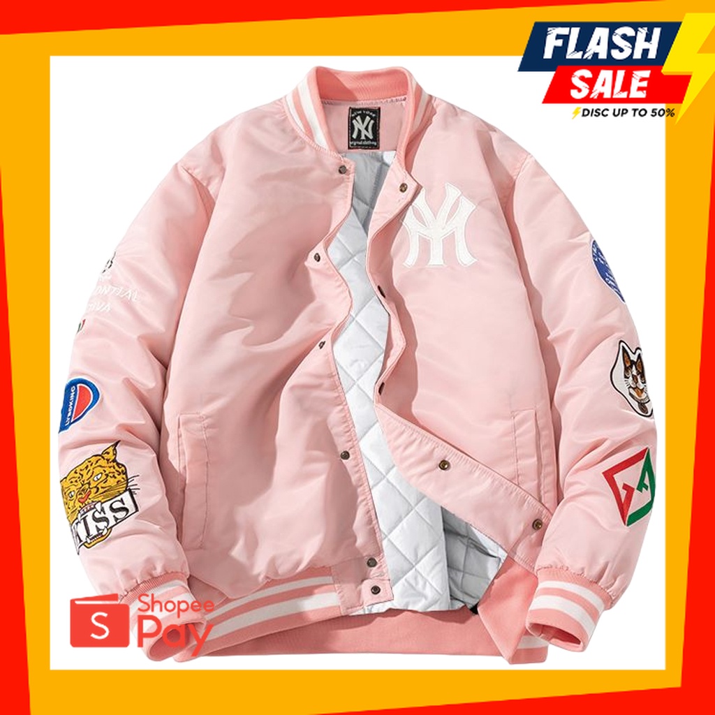 OUTFIT JKT48 | JUMPSHOT Jaket Baseball Varsity Pria Wanita Warna Pink Premium Original Full Bordir K