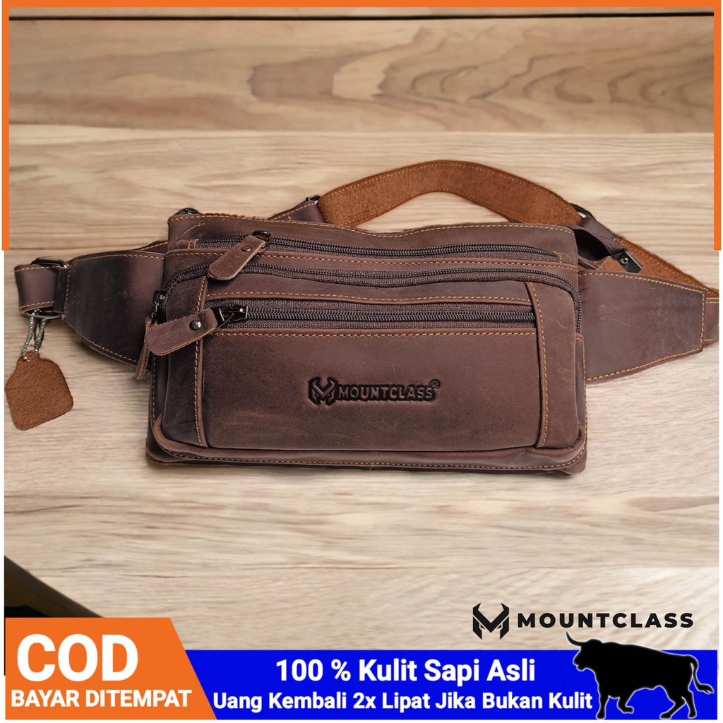 (Mountclass) Tas Pinggang Waistbag Selempamg Kulit Asli Pria Cowok Tas Slempang Slingbag Waist Bag W