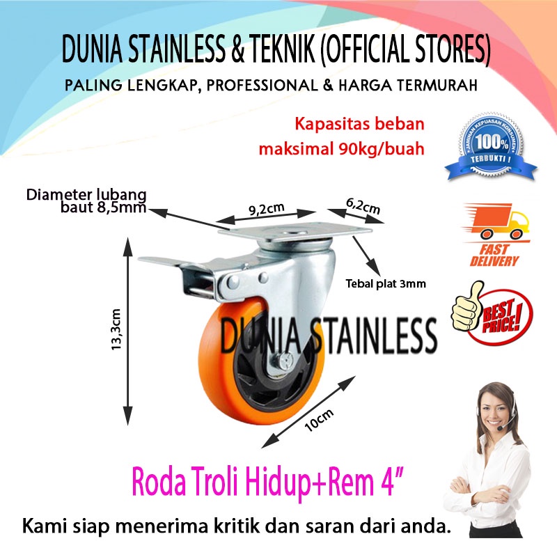 Roda Troli Hidup+Rem 4 inch|pintu|pagar|besi|teknik|interior|kayu