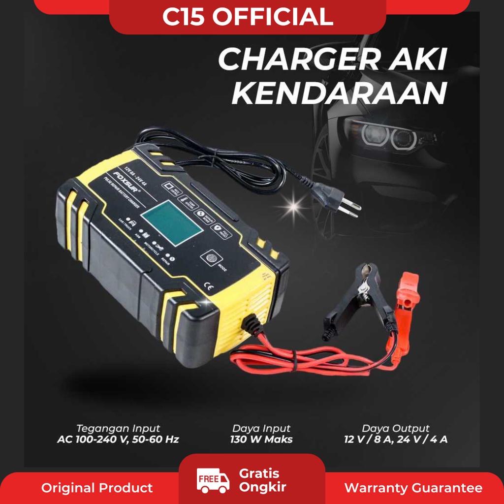 FOXSUR Charger Aki Mobil Motor 130W 12/24V 150Ah with LCD