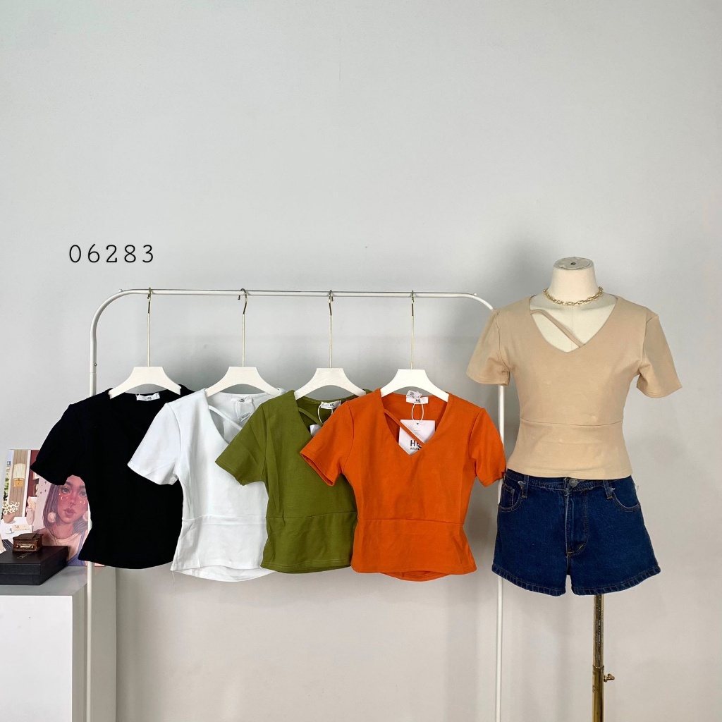 06283 BLOUSE HFS VNECK SLIT BELAKANG TANGAN PENDEK BODYCON BASIC POLOS ATASAN BLOUSE TANGAN PENDEK W