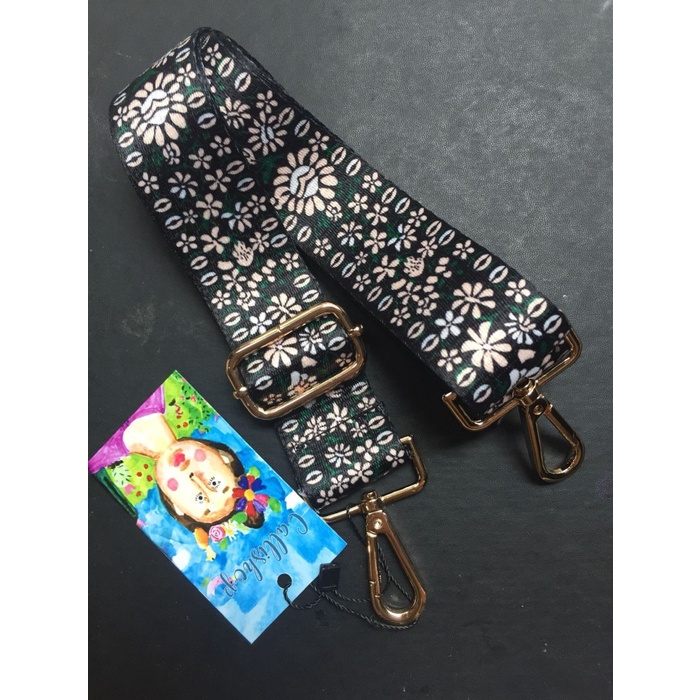 KM75 Tali tas bag strap - seri 29 (black white flower) - kait GOLD