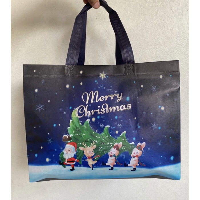 

FM - BEST SELLER Tas Hampers Natal Christmas / Totebag Natal Bahan Tebal Waterproof - Biru Hitam Deer