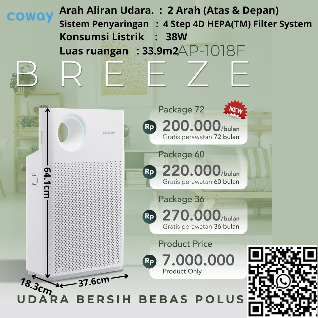 Coway Air Purifier Breeze Ap1018F Pemurni Udara Garansi 3 Tahun dan 5 Tahun