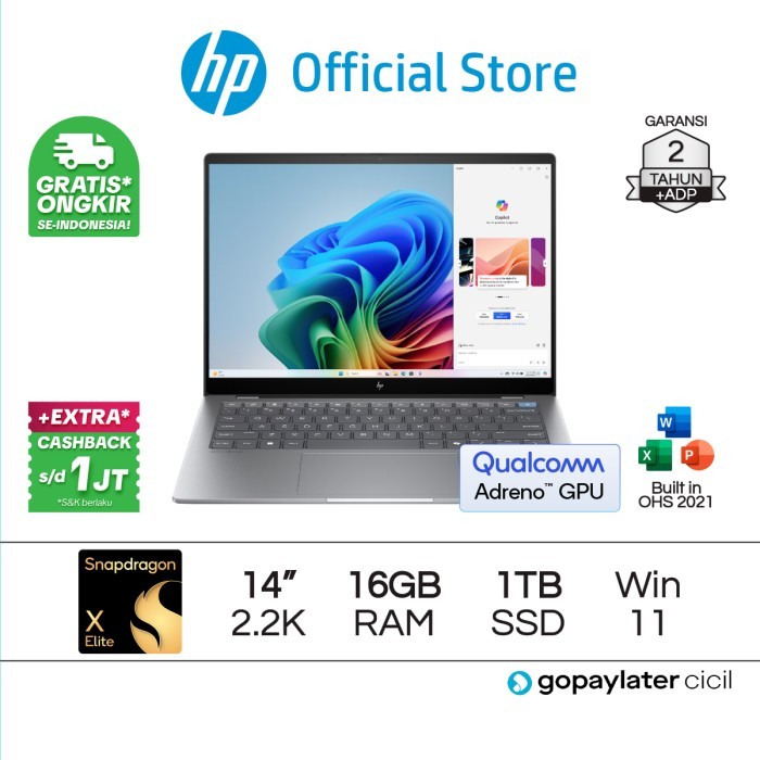 Laptop HP OmniBook X Snapdragon Elite Qualcomm 16GB 32GB RAM 1TB W11 Home - 14-fe0333QU