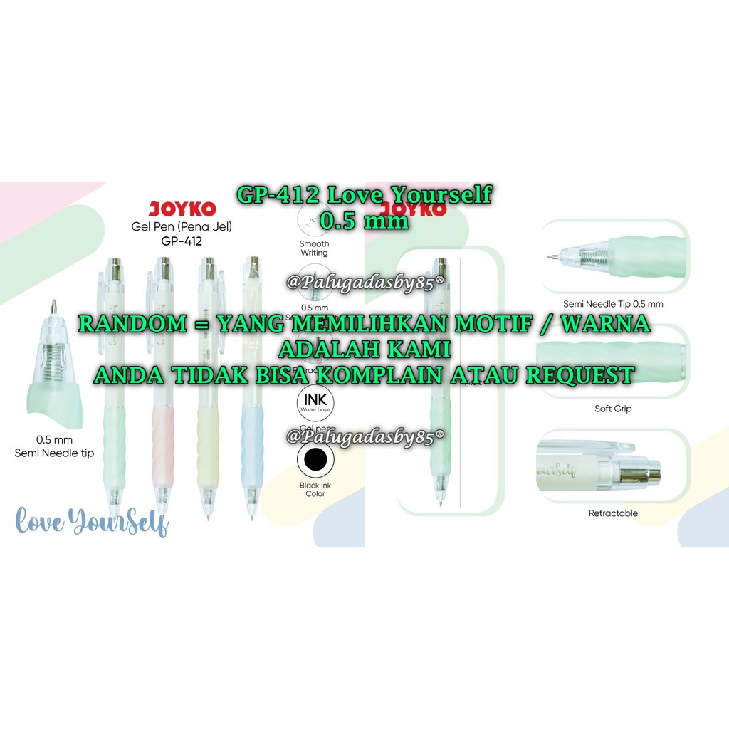 

(1 Biji) GROSIR Gelpen JOYKO GP-412 0.5 mm Hitam RANDOM / Gel Pen Pulpen Pena Joyko GP-412 (1 Biji)