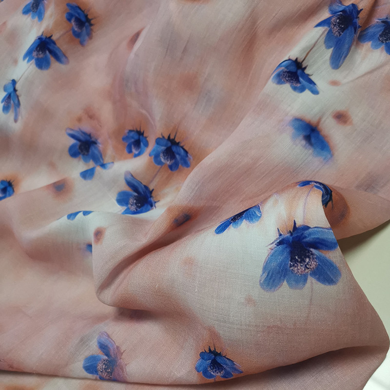 One meter autumn new pure linen fabric Blue flower digital printing tissu Designer advanced custom d