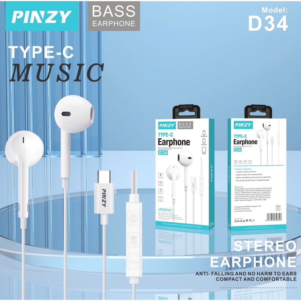 STEREO EARPHONE PINZY D34 HIFI Sound Tipe-C Jack With Microphone