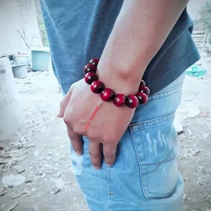 GELANG TASBIH FOSIL AKAR BAHAR MERAH DELIMA SEMI JUMBO TEMBUS CAHAYA