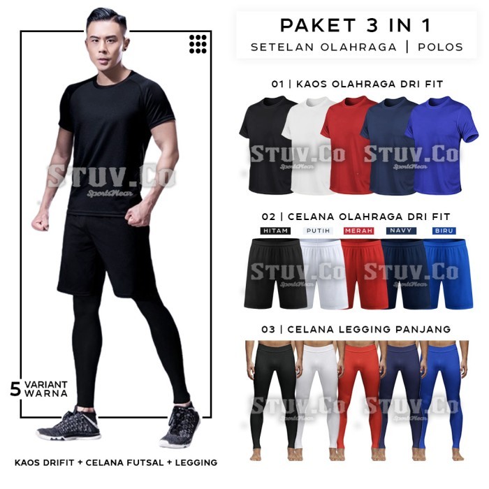 STELAN PAKAIAN OLAHRAGA KAOS PENDEK FUTSAL SEPAKBOLA LEGGING CELANA - POLOS, Hitam