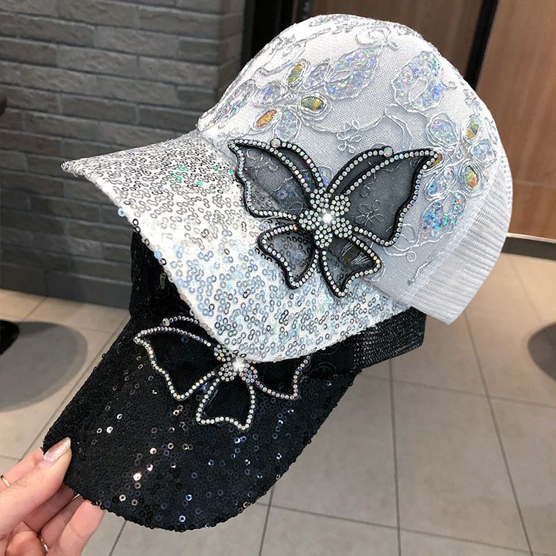 Women's New Butterfly Baseball Hat Lace Sun Protection Hollow out Sequin Duck Tongue Hat Sun Protect
