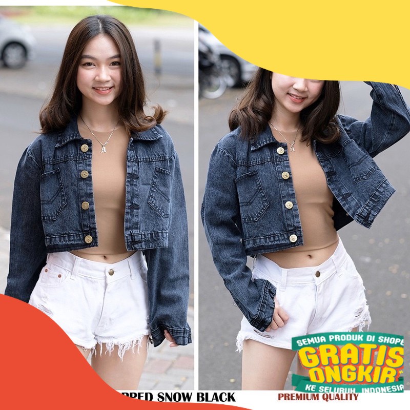 JAKET JEANS NO RAWIS SNOW BLACK - Jaket crop snowblack/ ungu liliac