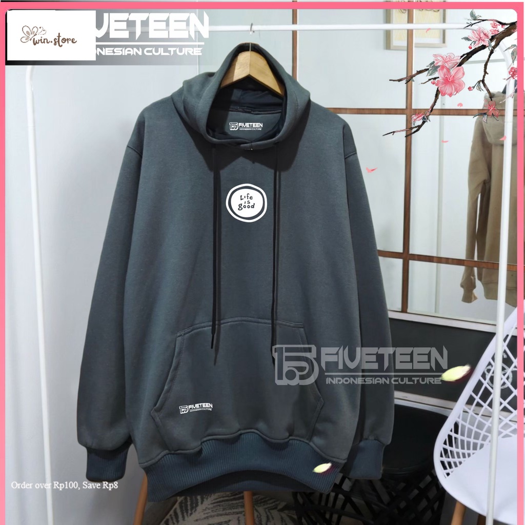 Hoodie Terkini / jaket distro original brand 15fifteen15 warna abu paralon list sablon life is good 