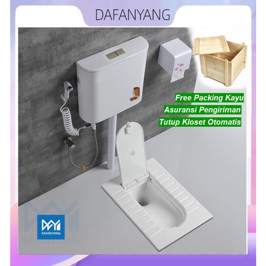 Closet | Kloset Jongkok Mr.Tao 1Set Dengan Penutup Kloset Otomatis + Energy Saving Water Tank Bahan Keramik Warna Putih Toilet Jongkok Hemat Air