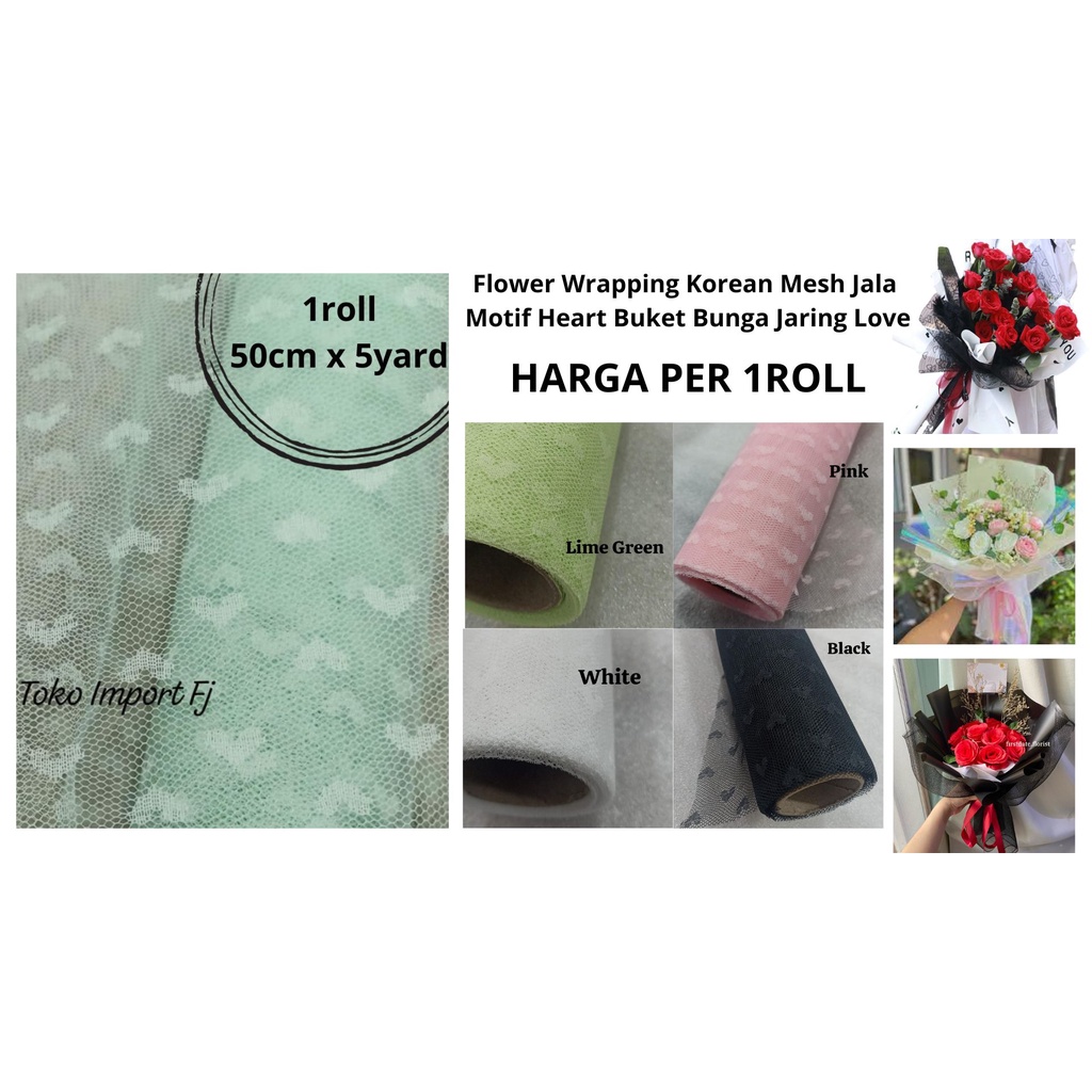 

1Roll Flower Wrapping Korean Mesh Jala Motif Heart Buket Bunga Jaring Love 5 Yard Pembungkus Buket Bunga Florist 50cm x 5yard