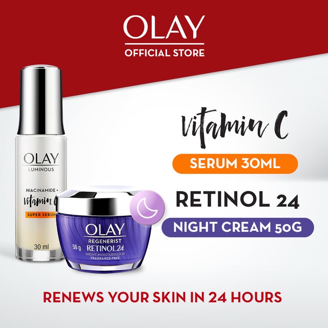 Olay Set Lengkap Luminous Vitamin C Serum Pagi & Retinol 24 Pelembab Malam Krim Moisturizer Anti Agi
