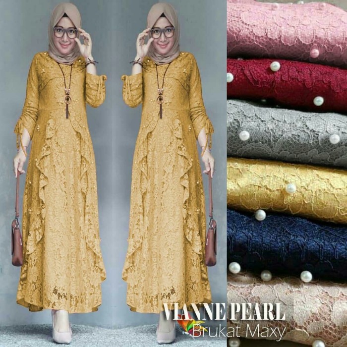 Maxi Dress Wanita Gamis Brukat Baju Brokat Polos Longdress Pesta Mewah - Mustard, L