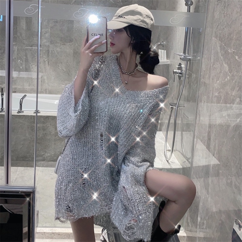 French style outerwear bright silk distressed sweater women's knitted sweater