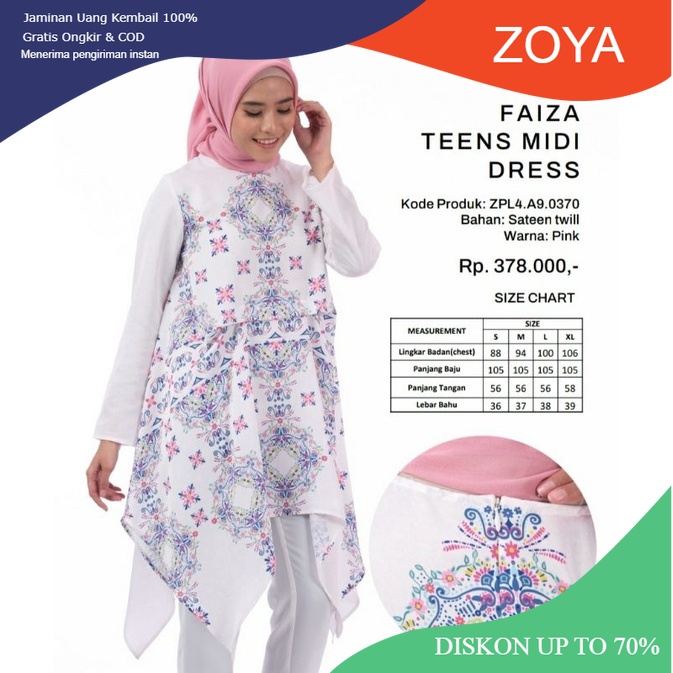 Zoya Faiza Midi Dress - Atasan Tunik motif Muslim Wanita putih