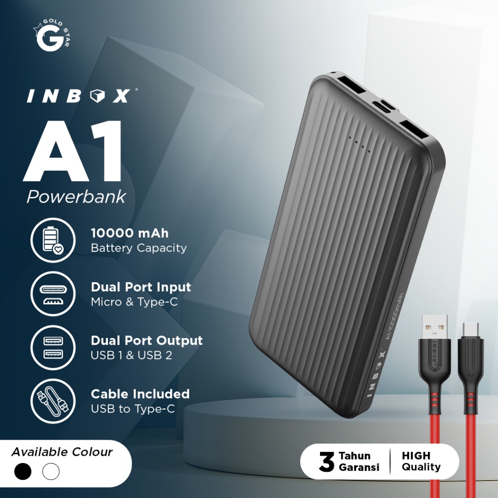 Inbox A1 Powerbank 10000mAh Dual Output USB Port Dual Input Micro Type-C Include Kabel