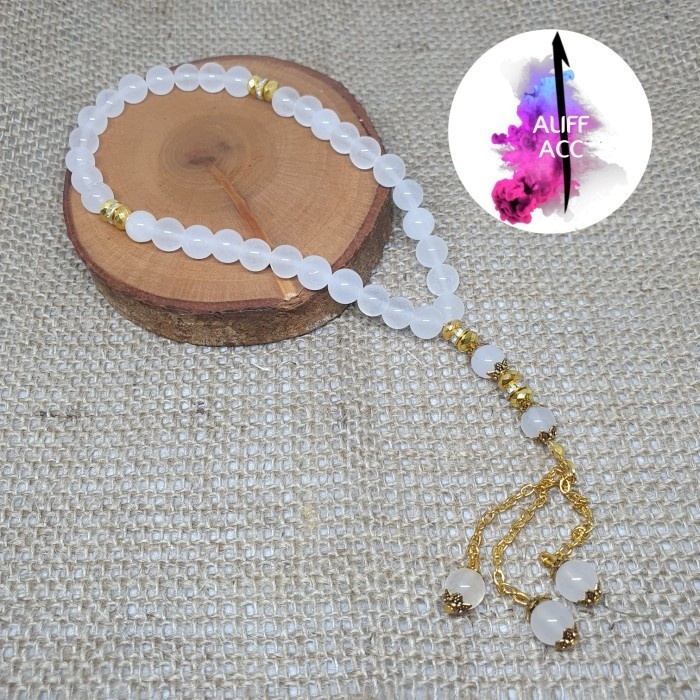 tasbih batu giok putih salju 33 butir 8 mm 1000%asli