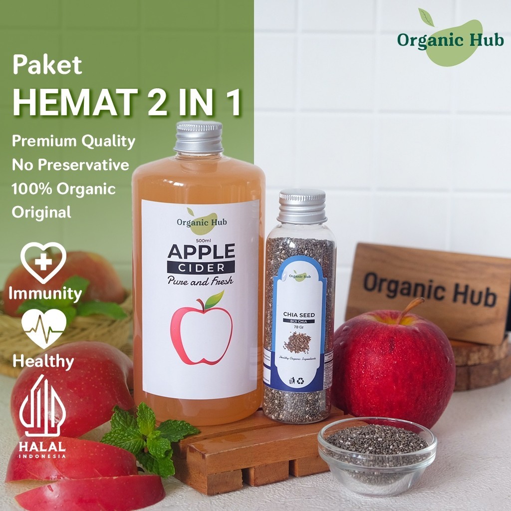 

Organic Hub Paket Bundling 2in1 Cuka apel 500 ml dan Chia Seed 70 gram Apple Cider Vinegar Chiaseed