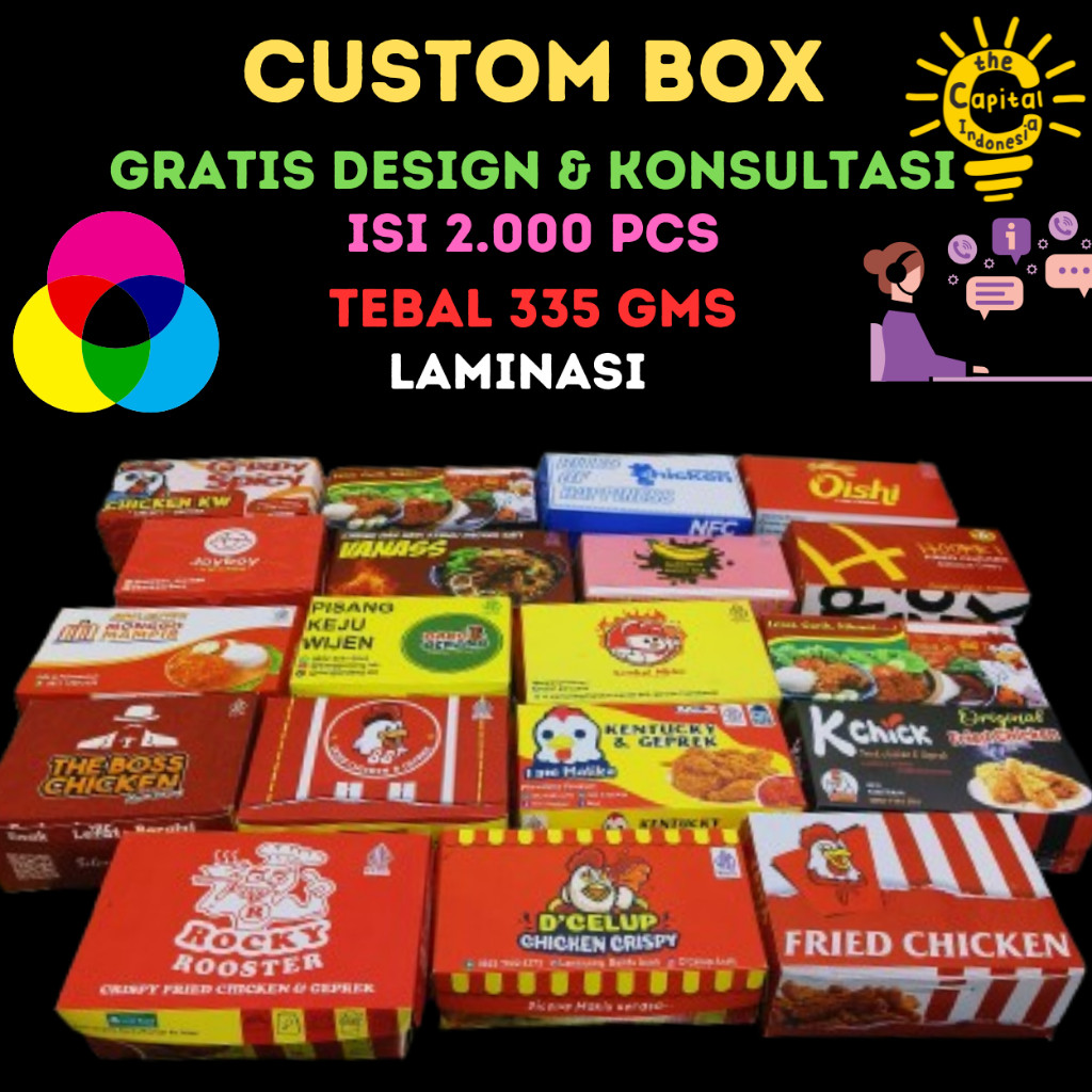 CUSTOM LOGO BRAND BOX FRIED CHICKEN  isi 2.000pcs KFC DbestO D`celup Rocky Rooster Rocket