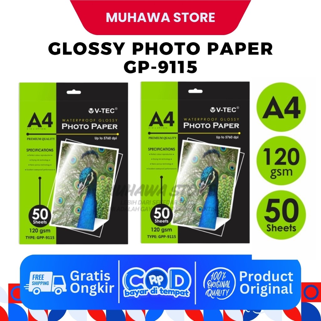 KERTAS PHOTO GLOSSY V-TEC GLOSSY PHOTO PAPER ISI 50 LEMBAR GPP-9115 A4 120GRM