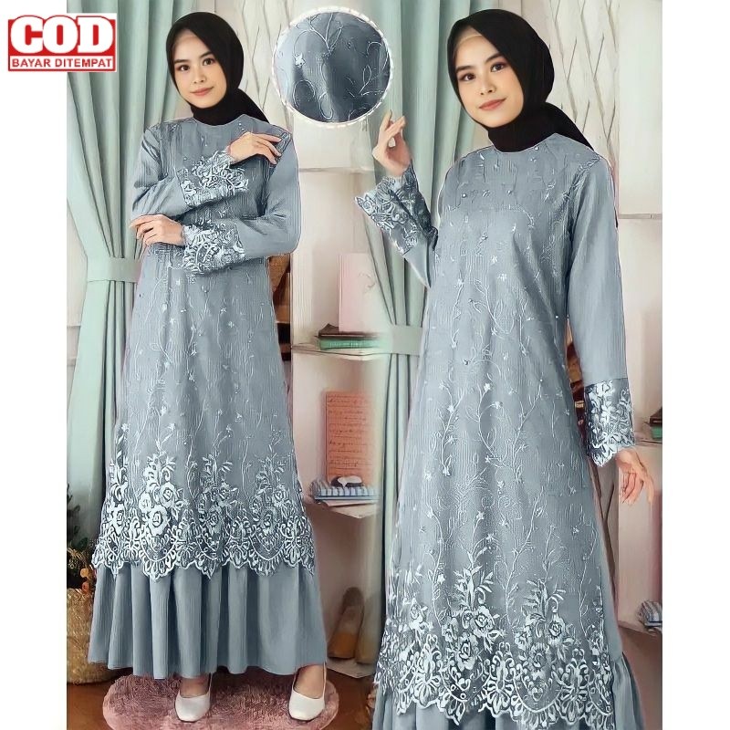 Paramita Dress Gamis Brukat Tile Premium Biru Muda Gamis Pesta Mewah Kondangan